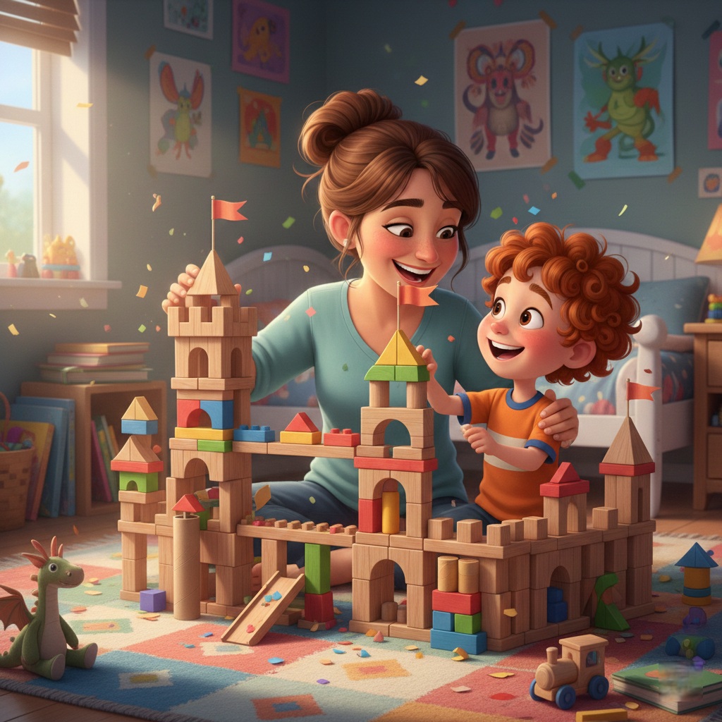 Parent and child building together during imaginative play session